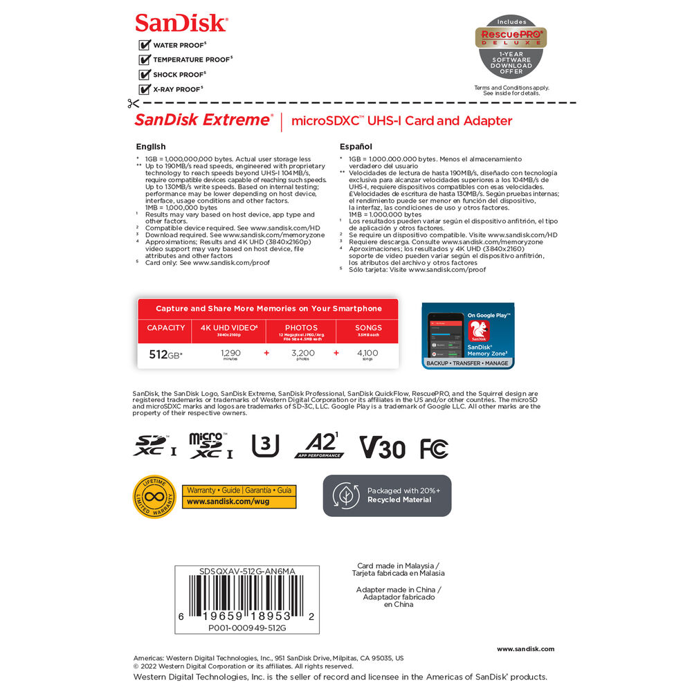 SanDisk 512GB Extreme UHS-I microSDXC Memory Card