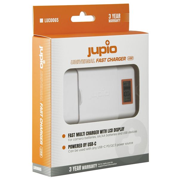 Jupio Universal Fast Charger LCD USB-C input (Li-Ion+AA+2.1A USB)