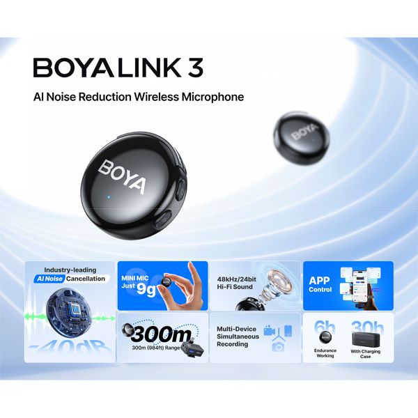 Boya BOYALINK 3-04 Button-Sized 2.4Ghz Wireless Microphone System for USB-C, Lightning & 3.5mm Devices