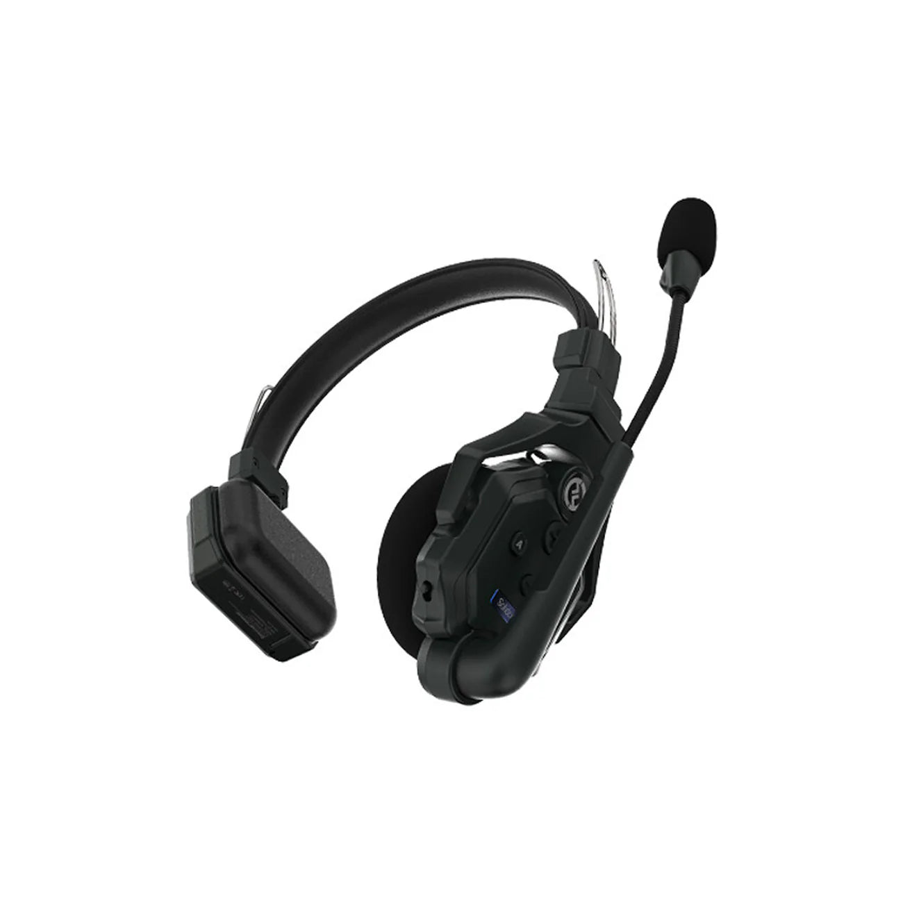 Black headset with microphone on a white background