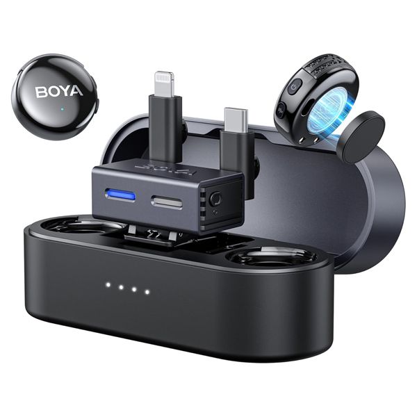 Boya BOYALINK 3-01 Button-Sized 2.4Ghz Wireless Microphone System with Case for USB-C, Lightning & 3.5mm Devices