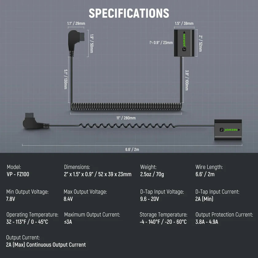 Neewer VP-FZ100 NP-FZ100 to D-Tap Dummy Battery & Cable